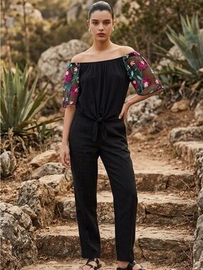 Off shoulder with Embroidered Floral Sleeves top.